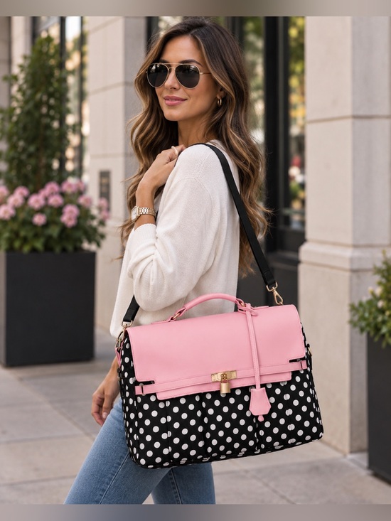 Handbags - 15.6” Pink Polka Dot Laptop Briefcase Messenger Bag USB Work Travel Office Tote